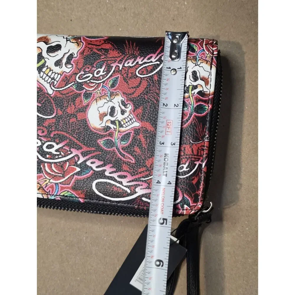Ed Hardy Wallet Wristlet Rhinestone Double Zip Around, Logo, 8”x5”x2”